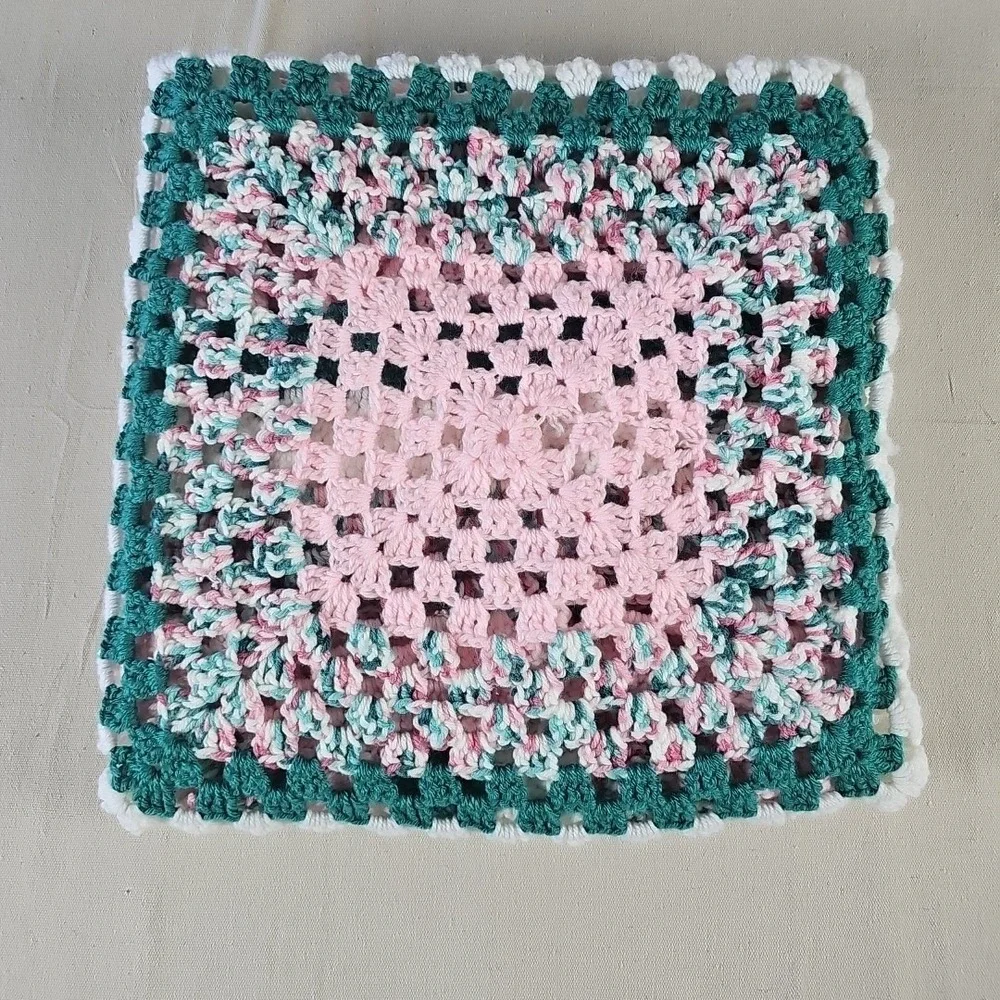 Vintage Afghan Granny Concentric Square Throw Blanket Green Pink‎ White 50
